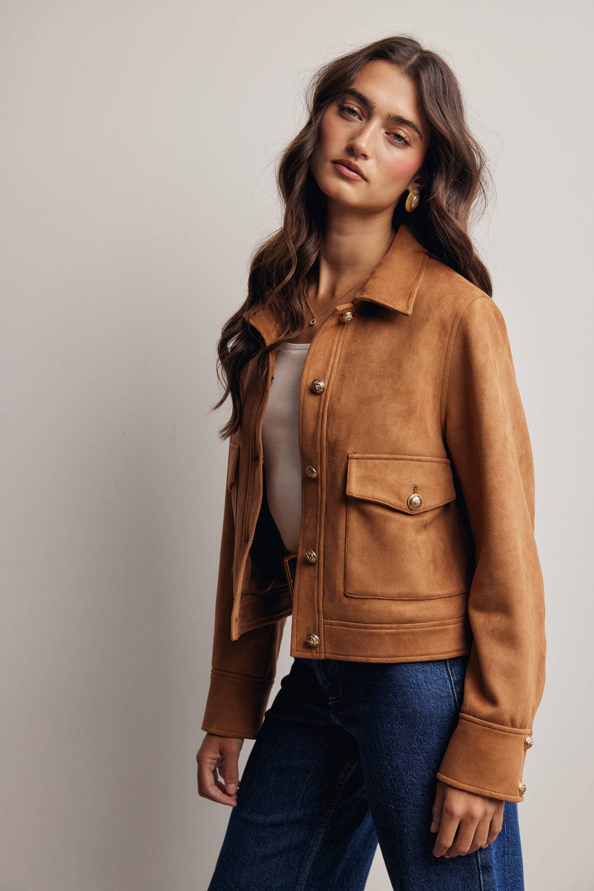 Sierra Stretch Suede Cropped Jacket: Camel