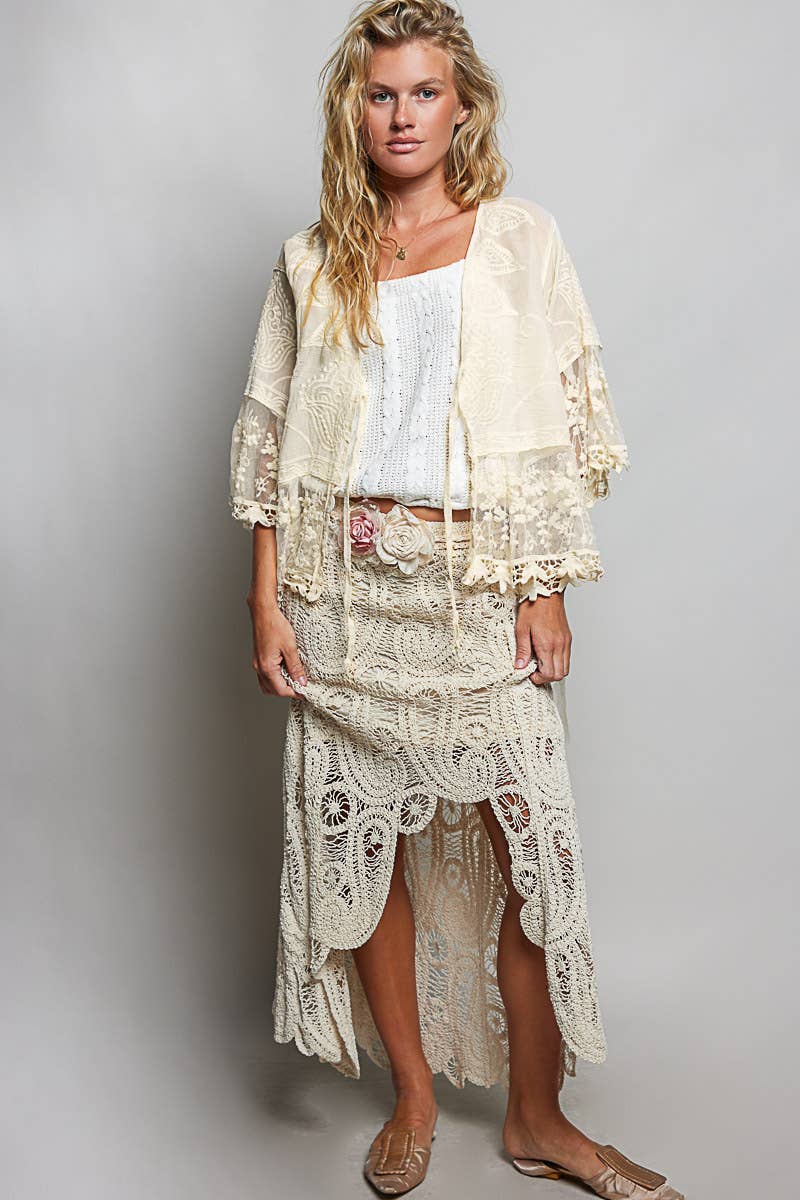 1/2 Sleeve Lace Ruffle Trim Opening Solid Crochet Cardigan: NATURAL / Os