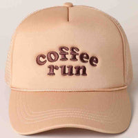 Coffee Run Embroidered Trucker Hat – Neutral Tan Mesh Snapback