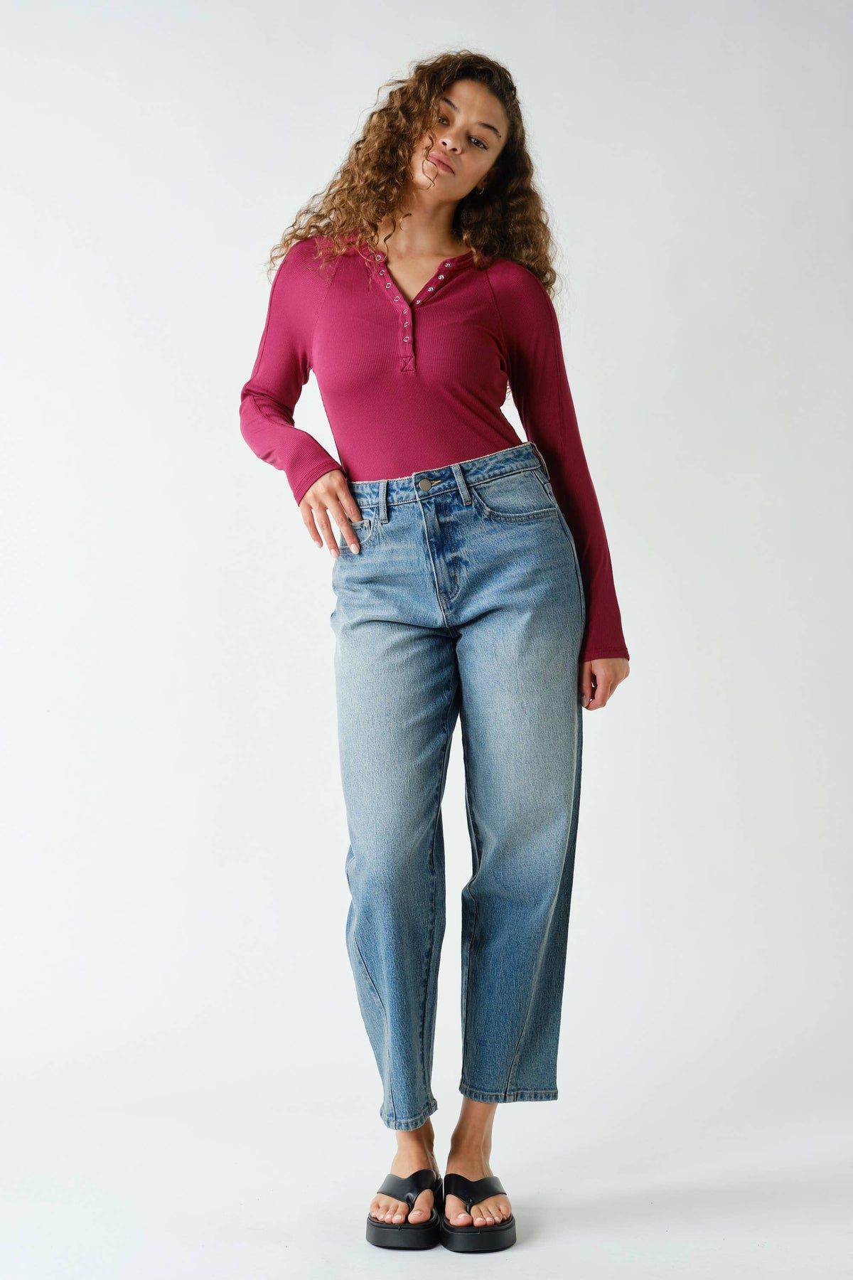 Essential Long-Sleeved Micro-Ribbed Henley Top: