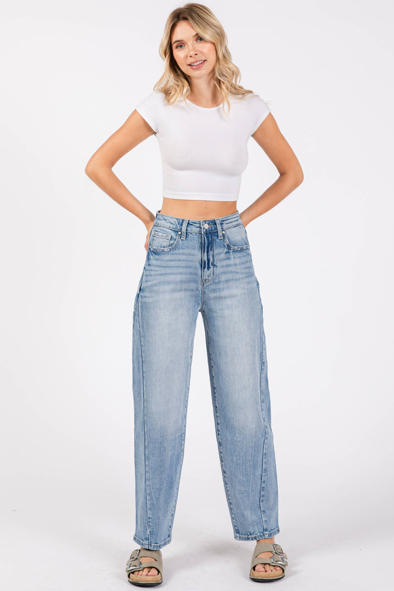 Jolene High Rise Barrel Jeans – Light Wash Comfort Denim with Side Seam Detail