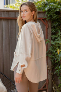 Gabby Exposed Seam Half Button Hoodie Top: Ivory