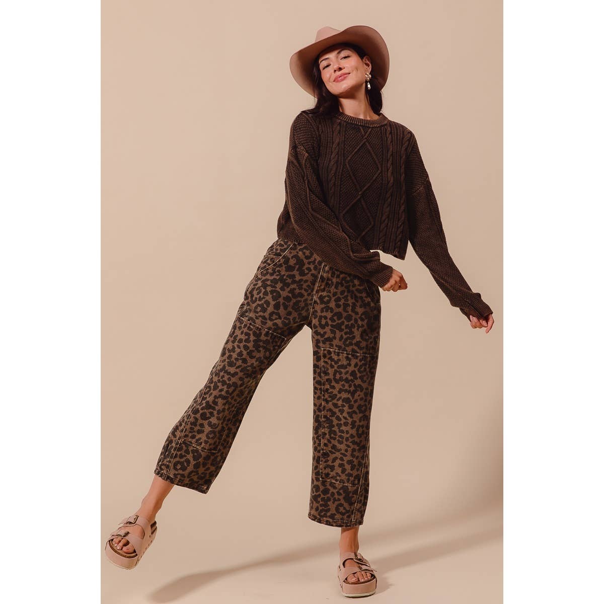 The Wild Side Leopard Barrel Jeans: Mocha