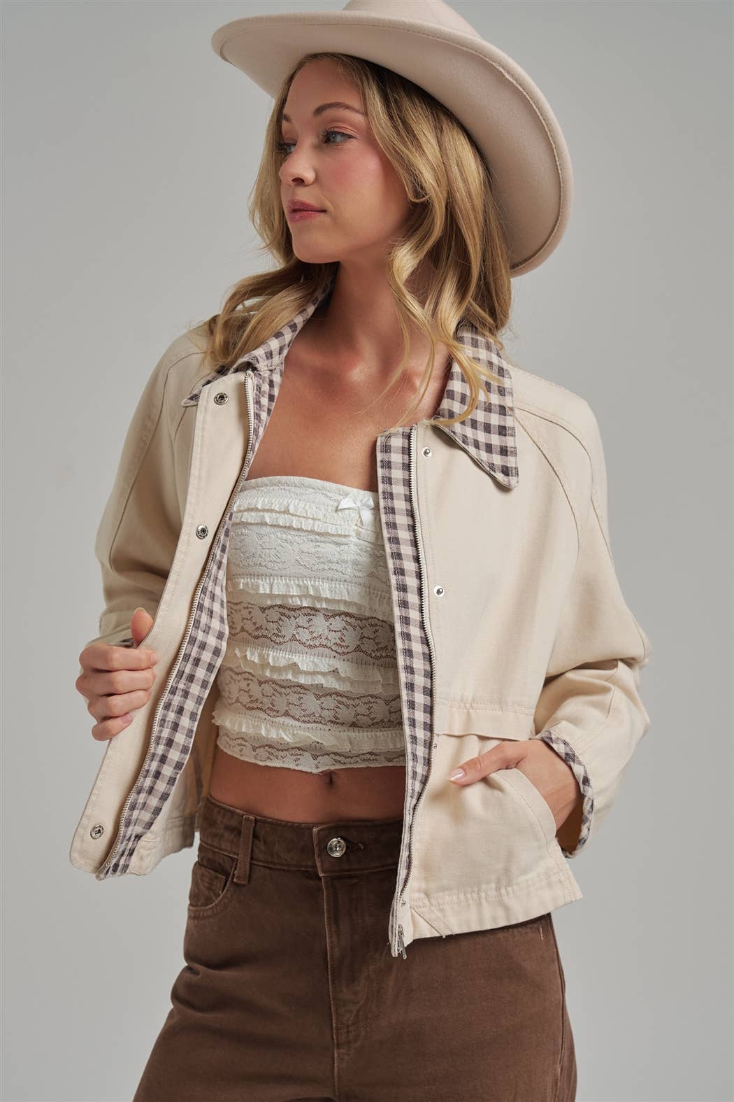 Checked Out Canvas Jacket: Oatmeal/ Brown