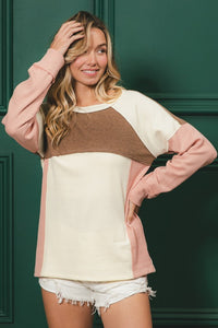 Claire Color Block Knit Pullover: Cream/ Mocha/ Blush