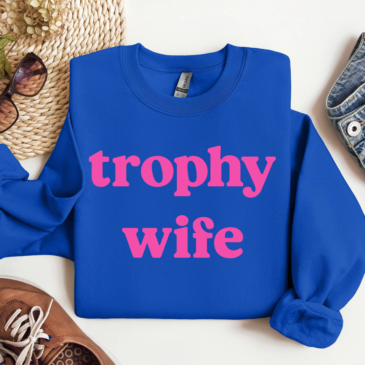 Trophy Wife Graphic Sweatshirt – Retro Statement Pullover (Royal Blue)