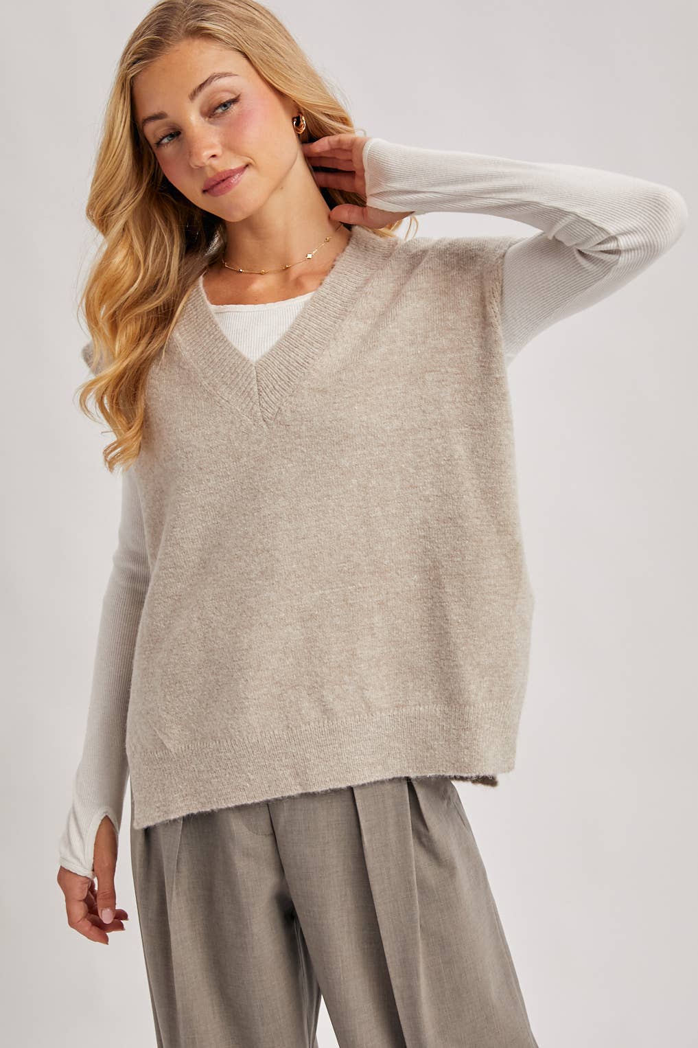 The Marlowe V-Neck Sweater Vest – Women’s Knit Layering Top, Classic Ribbed Trim, Neutral Fall Outfit Essential