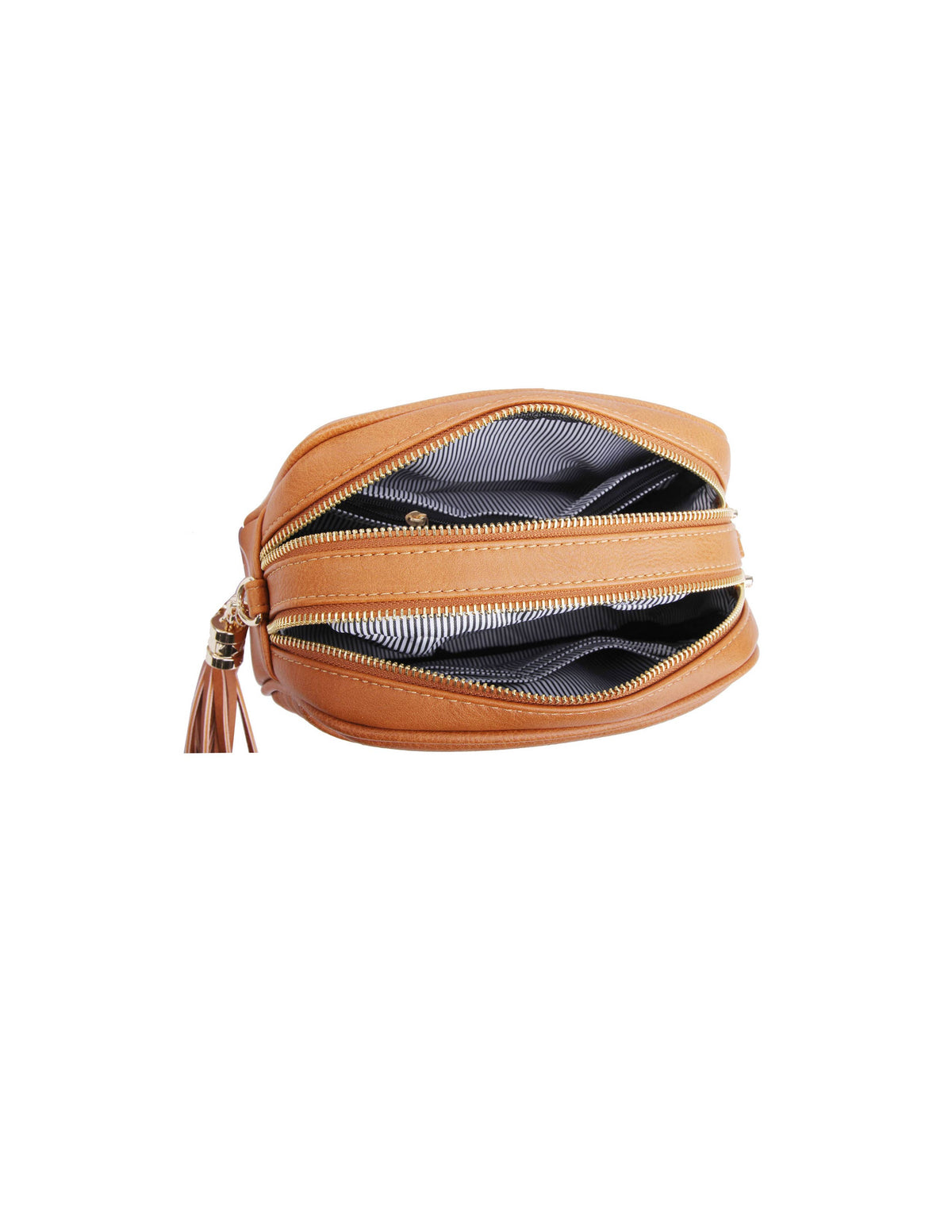 Veronica V-Stitch Tassel Crossbody Bag – Coffee & Stone | Faux Leather Small Purse with Double Zipper Top, Adjustable Strap, Gold Hardware