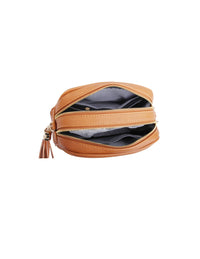 Veronica V-Stitch Tassel Crossbody Bag – Coffee & Stone | Faux Leather Small Purse with Double Zipper Top, Adjustable Strap, Gold Hardware