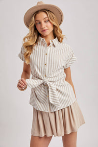 The Alaina Flowy Drawstring Shorts: Oatmeal – Soft Pleated Skort-Style Fit