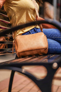 Mila 3 Compartment Crossbody Bag With Guitar Strap: Nude