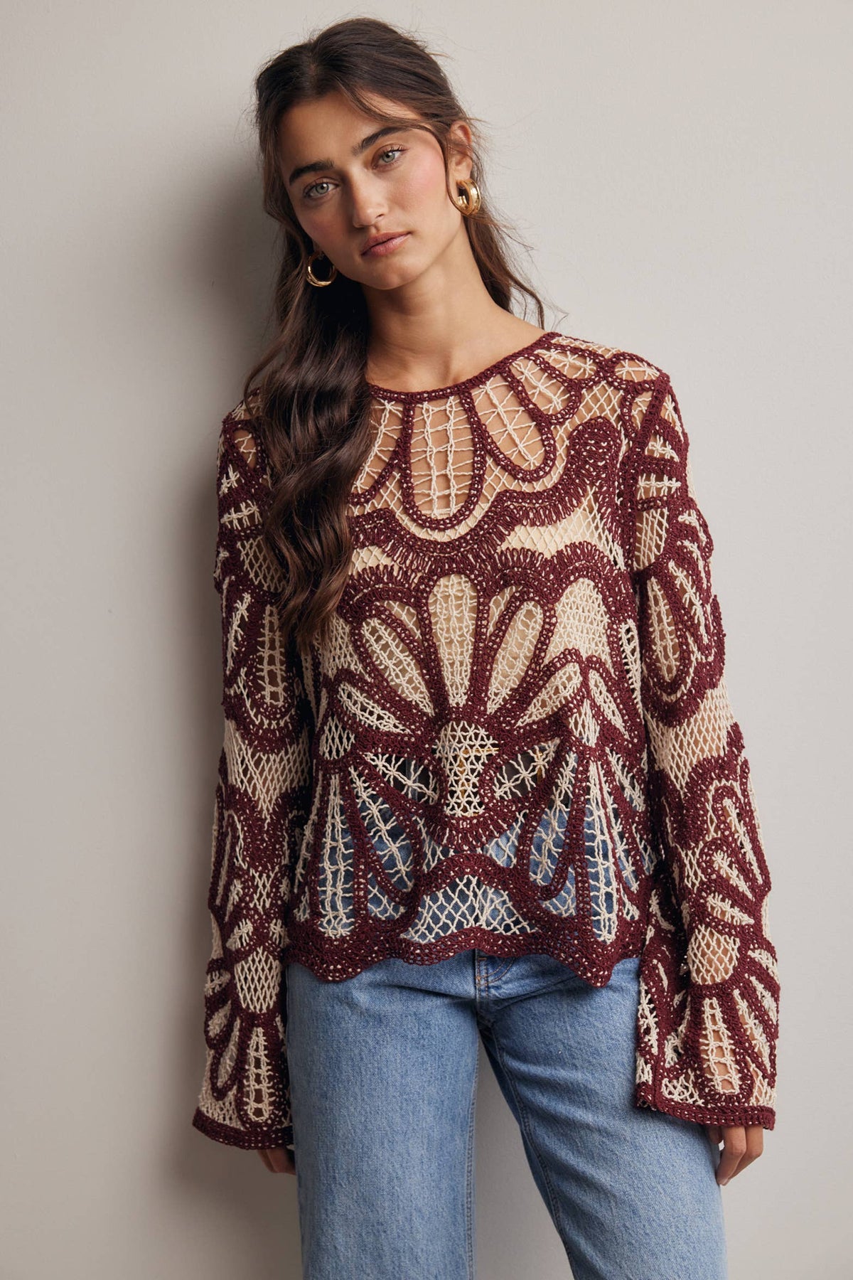 Camille Floral Crochet Knit Sweater