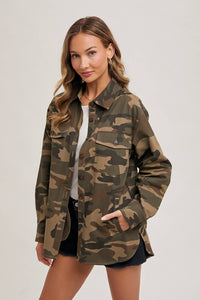 Andie Button Down Camo Shacket: Army