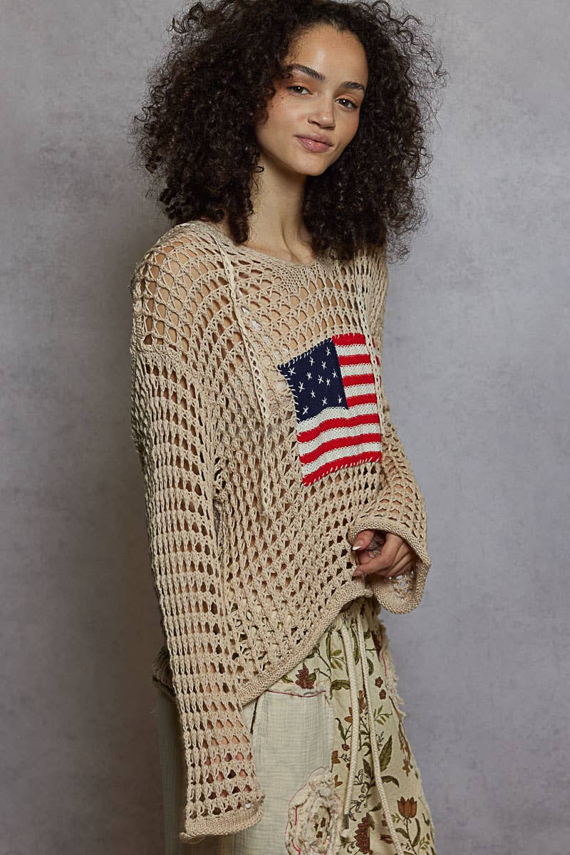 The Liberty Stitch Hoodie Sweater: BeigeAmerican Flag V-Neck Hoodie Sweater – Cotton Long Sleeve Lightweight Knit Top