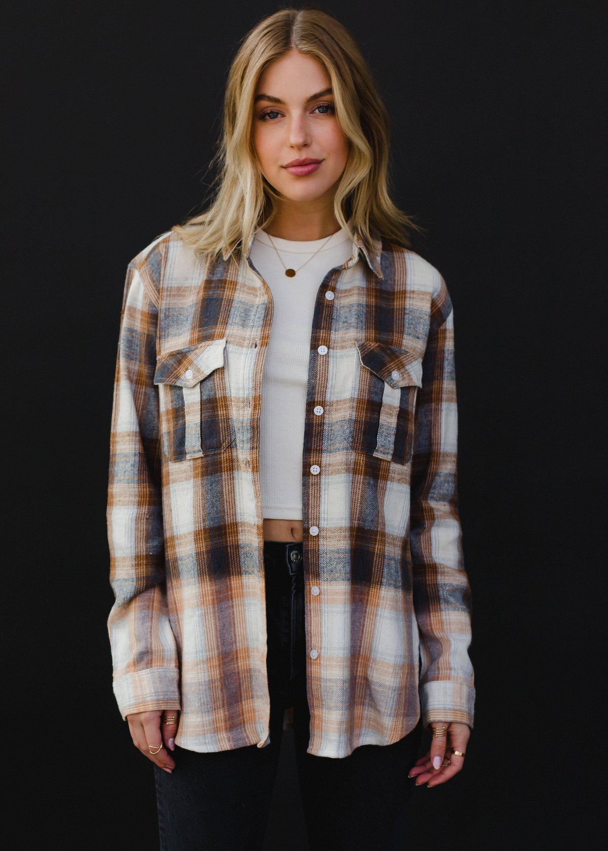 Fall Favorite Cream, Camel & Navy Plaid Flannel