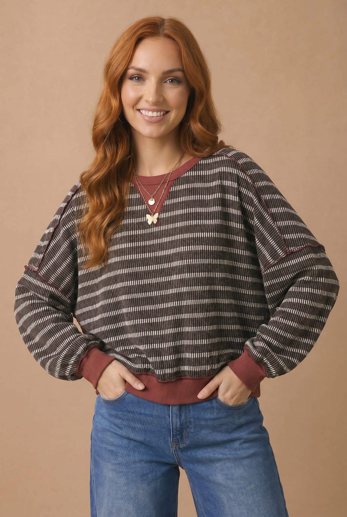 Throwback Stripe Contrast Trim Sweatshirt: Charcoal/ Maroon