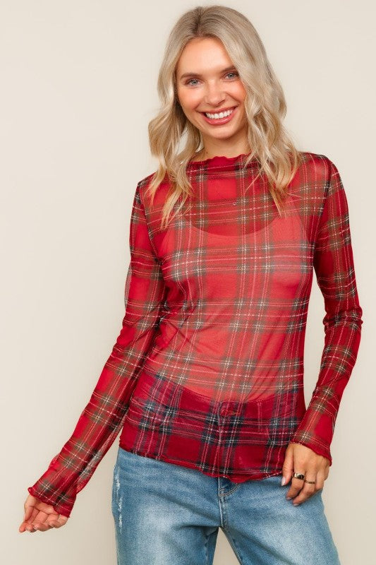 Festive Flannel Vibes Mesh Top – Red Plaid Sheer Long Sleeve Holiday Layer