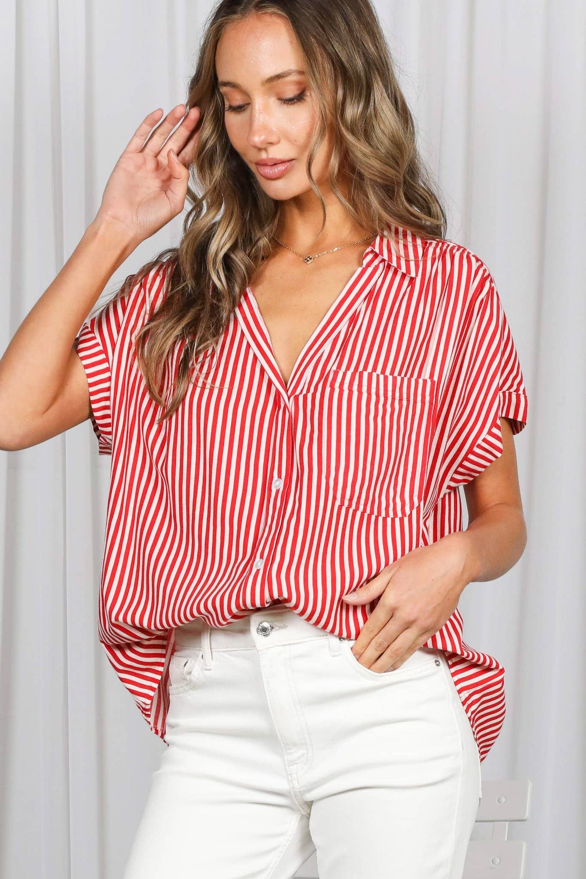 Collared Short Roll-Up Sleeve Button-Down Shirt VT83098: Brown / M