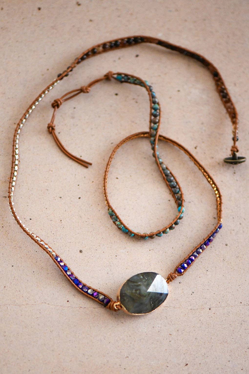 Leather Cord Wrap Bracelet, Healing Stone Bracelet
