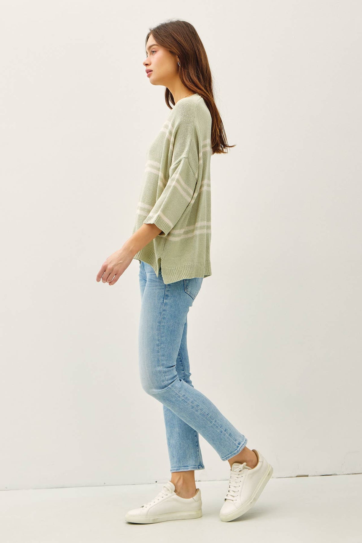 The Margot Double Stripe Knit Sweater: Sage  – Relaxed Lightweight Everyday Top