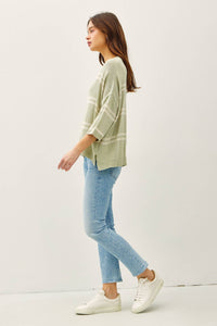 The Margot Double Stripe Knit Sweater: Sage  – Relaxed Lightweight Everyday Top