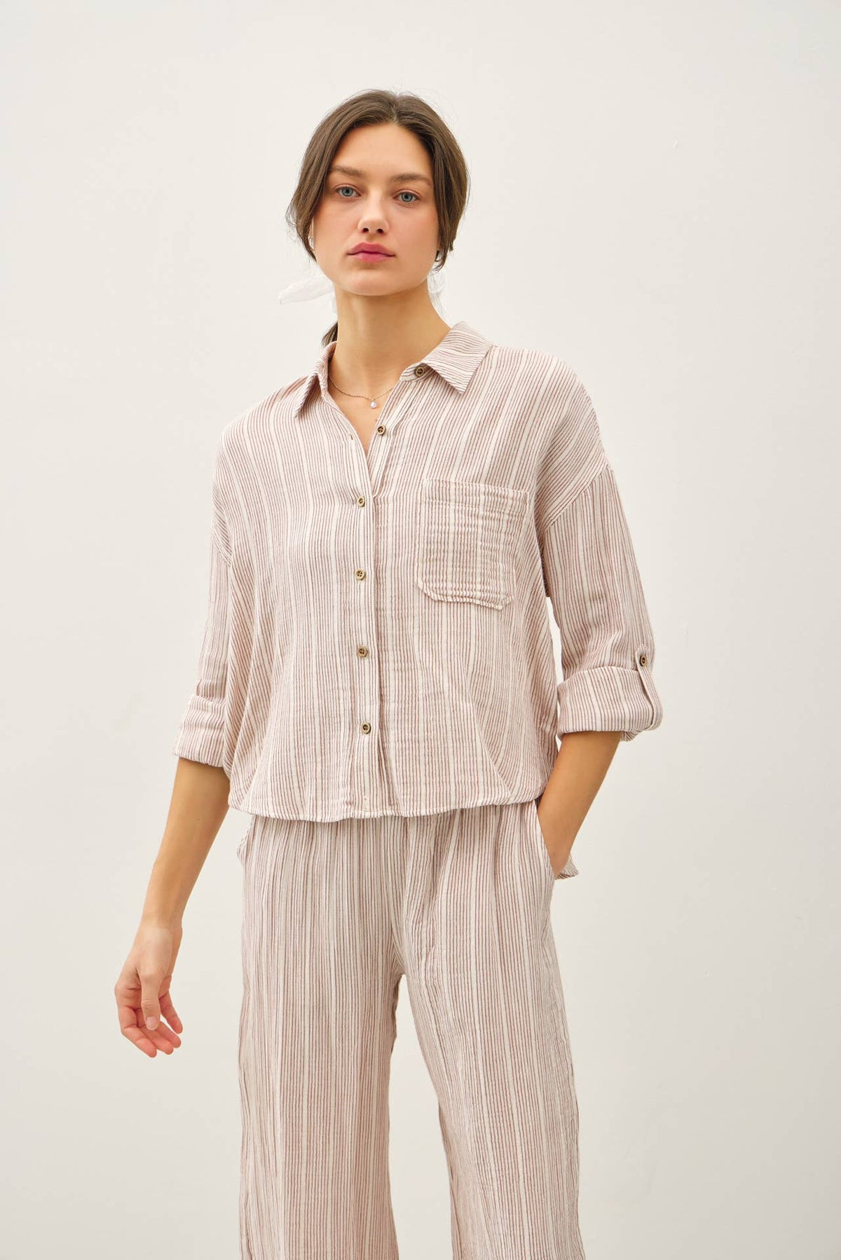 The Dakota Striped Gauze Button-Up Top – Charcoal & Amber
