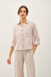 The Dakota Striped Gauze Button-Up Top – Charcoal & Amber