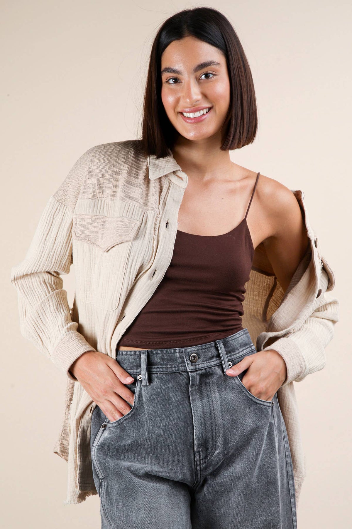 Harbor Breeze Mineral Washed Gauze Shacket – Mixed Fabric, Raw Edge Detai