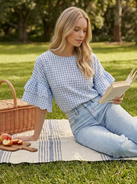 Charming Gingham Scallop Edge Wild Ruffle Sleeve Top VT83548: Brown / S