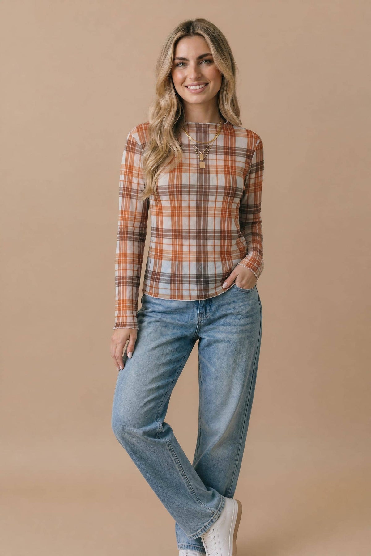 Autumn Theory Plaid Mesh Layering Top: Oatmeal/ Rust