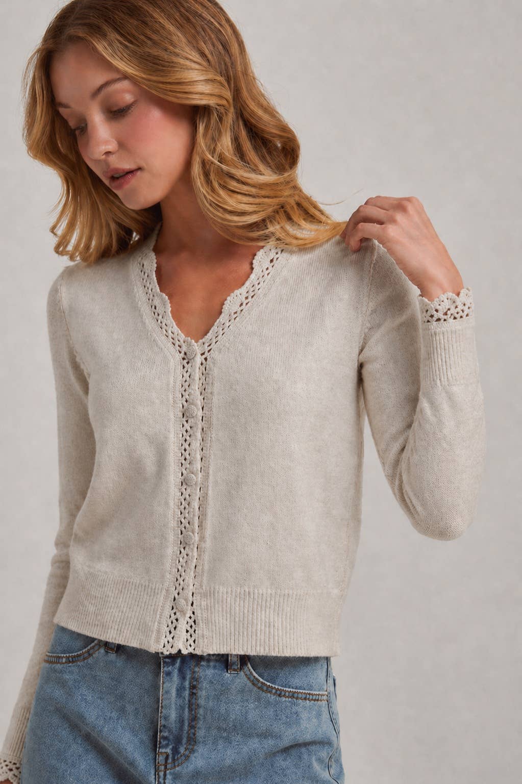 Keepsake Lace Trim Cardigan: Oatmeal