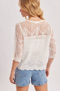 Ivory Embroidered Sheer Lace Button Front Blouse
