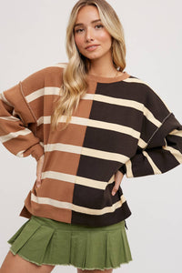 Nikki Striped Color Block Sweater: Mocha Combo