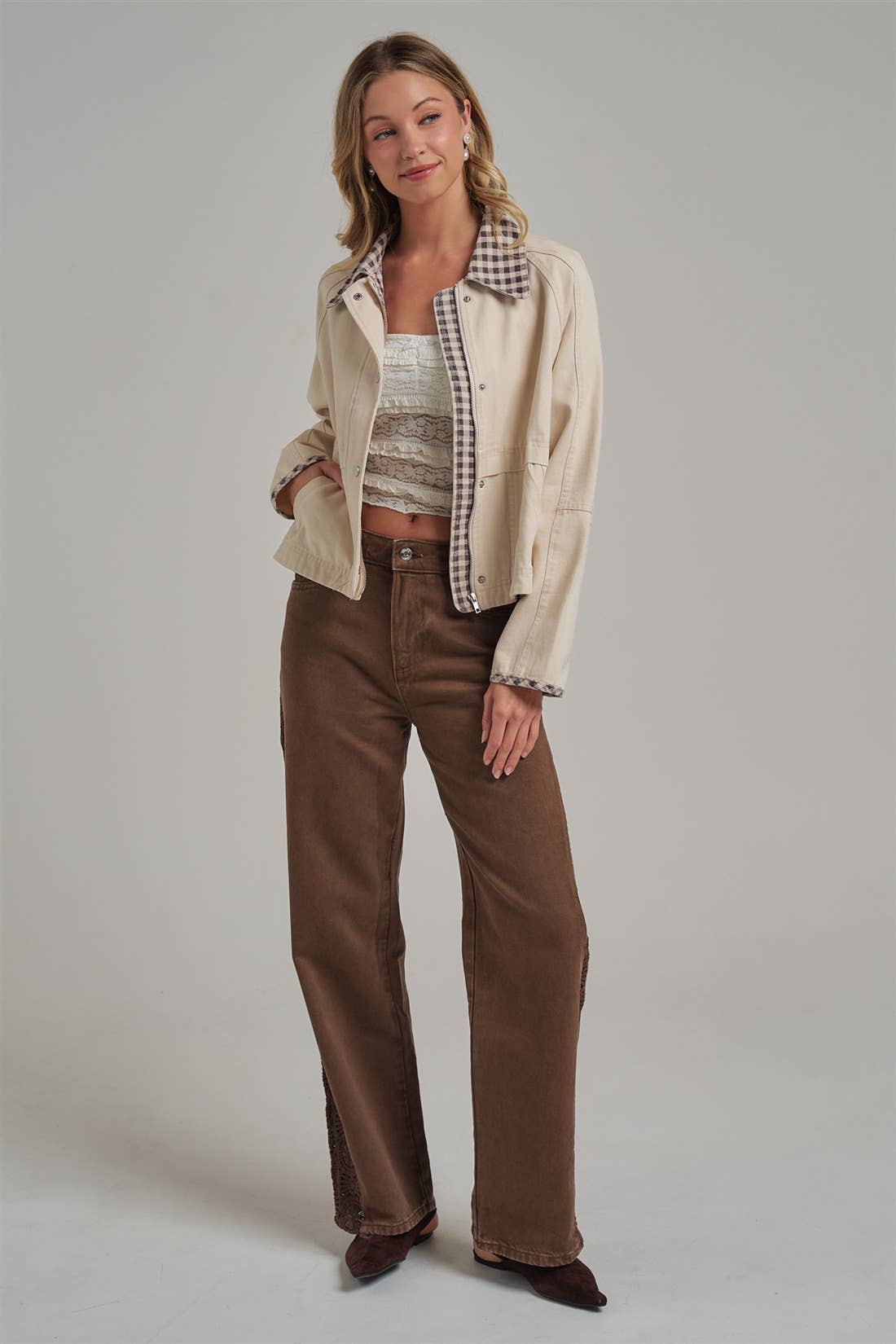 Checked Out Canvas Jacket: Oatmeal/ Brown