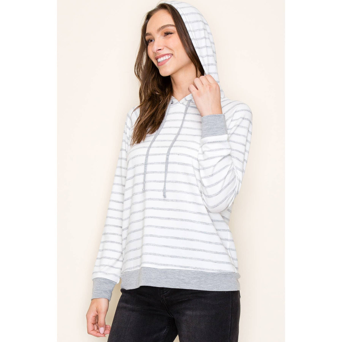 Nina Drawstring Neck Long Sleeve Striped Hoodie Top Grey