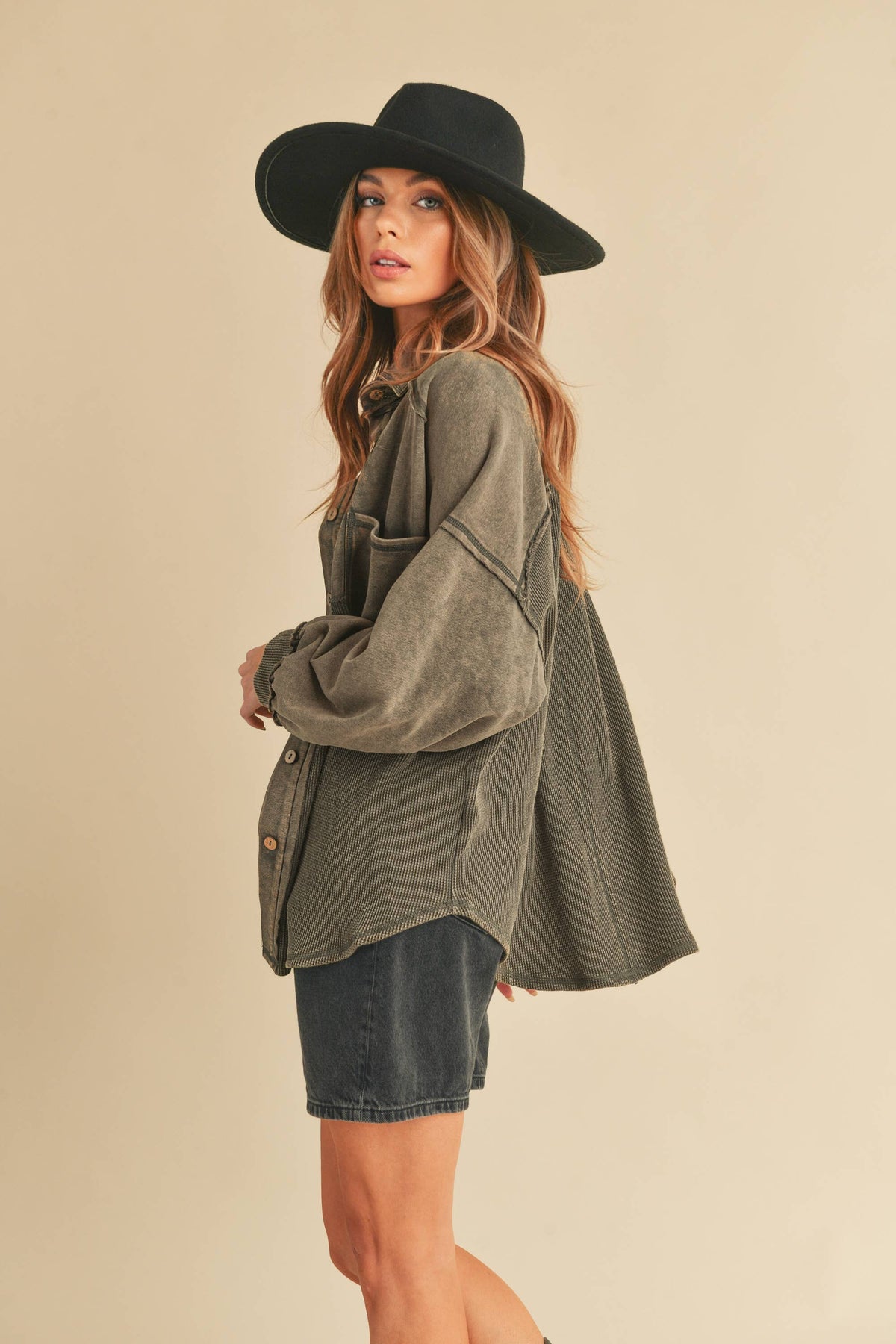 The Judie Mixed Media Vintage Wash Jacket : Charcoal – Relaxed Button Front Layering Shacket for Women