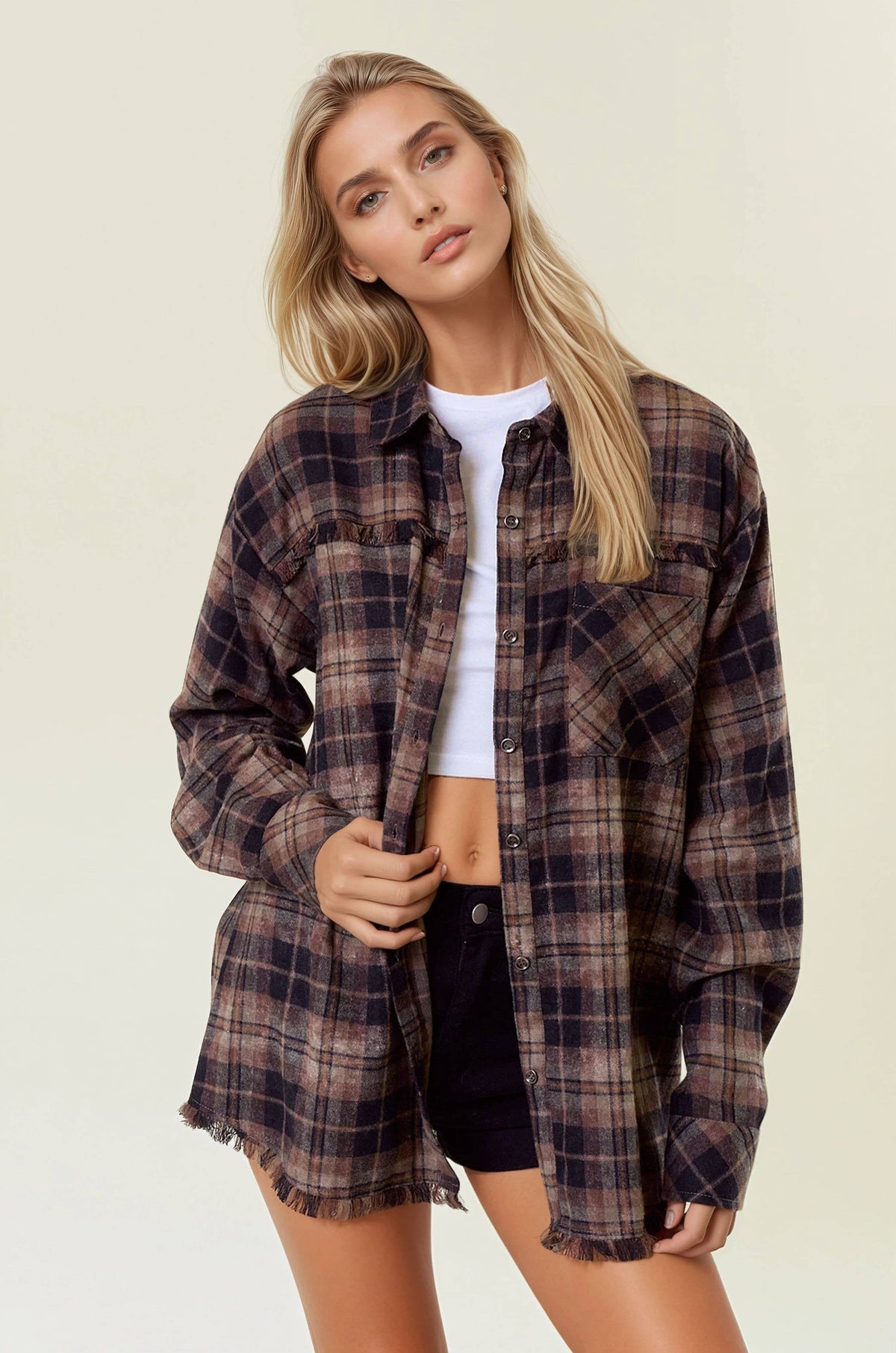 Rory Fringe Hem Flannel: Black/Brown – Oversized Plaid Button Down Shirt