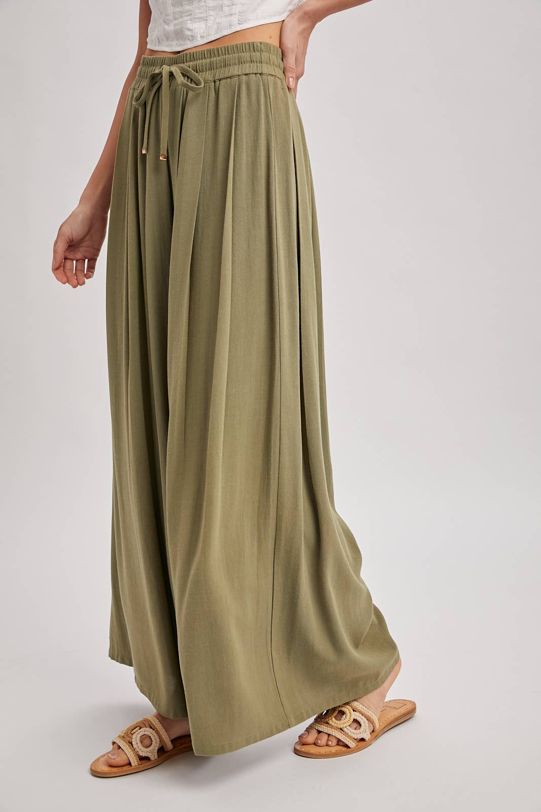 The Everly Flowing Wide Leg Pants: Lt Olive – High Waist Drawstring Palazzo