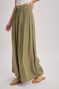 The Everly Flowing Wide Leg Pants: Lt Olive – High Waist Drawstring Palazzo