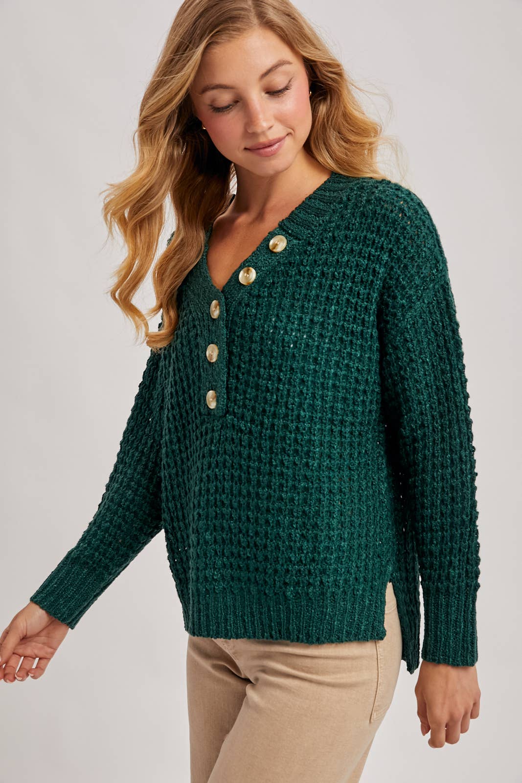 THERMAL HENELY SWEATER TOP: BEIGE / M/L