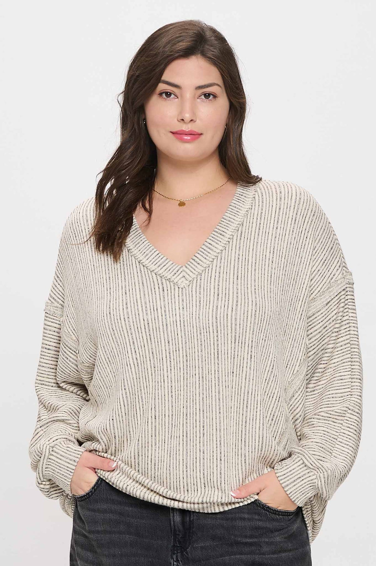 Zoey Casual V Neck Long Sleeve Plus Size Top: Taupe