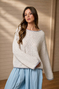 BOAT NECK CONTRAST TRIM LONG SLEEVE KNIT SWEATER : MOCHA
