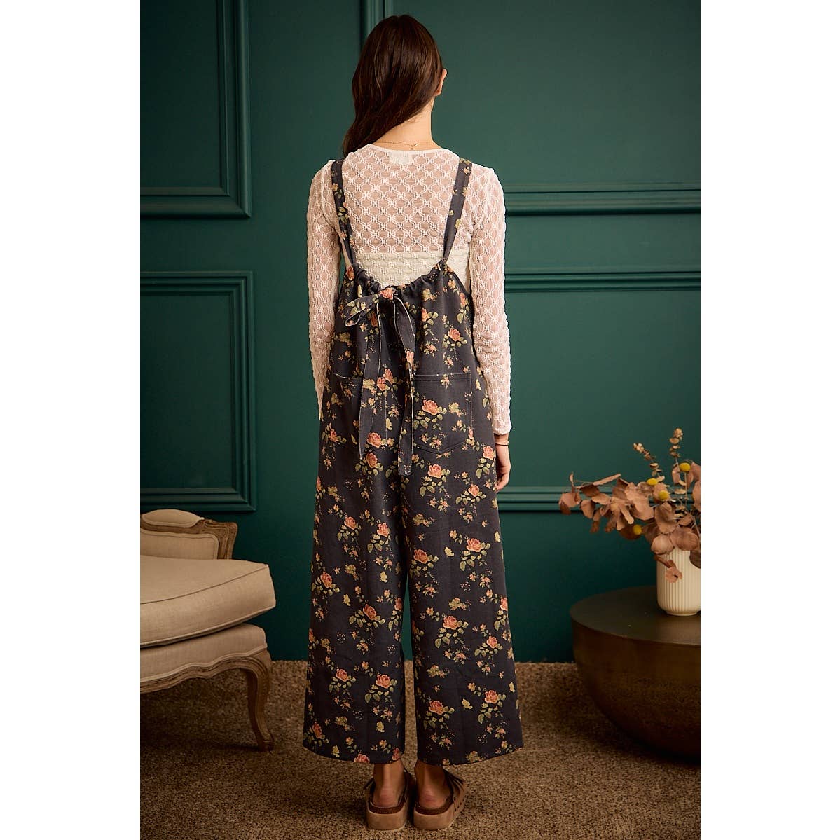 Rosewood Floral Wide Leg Overall Jumpsuit