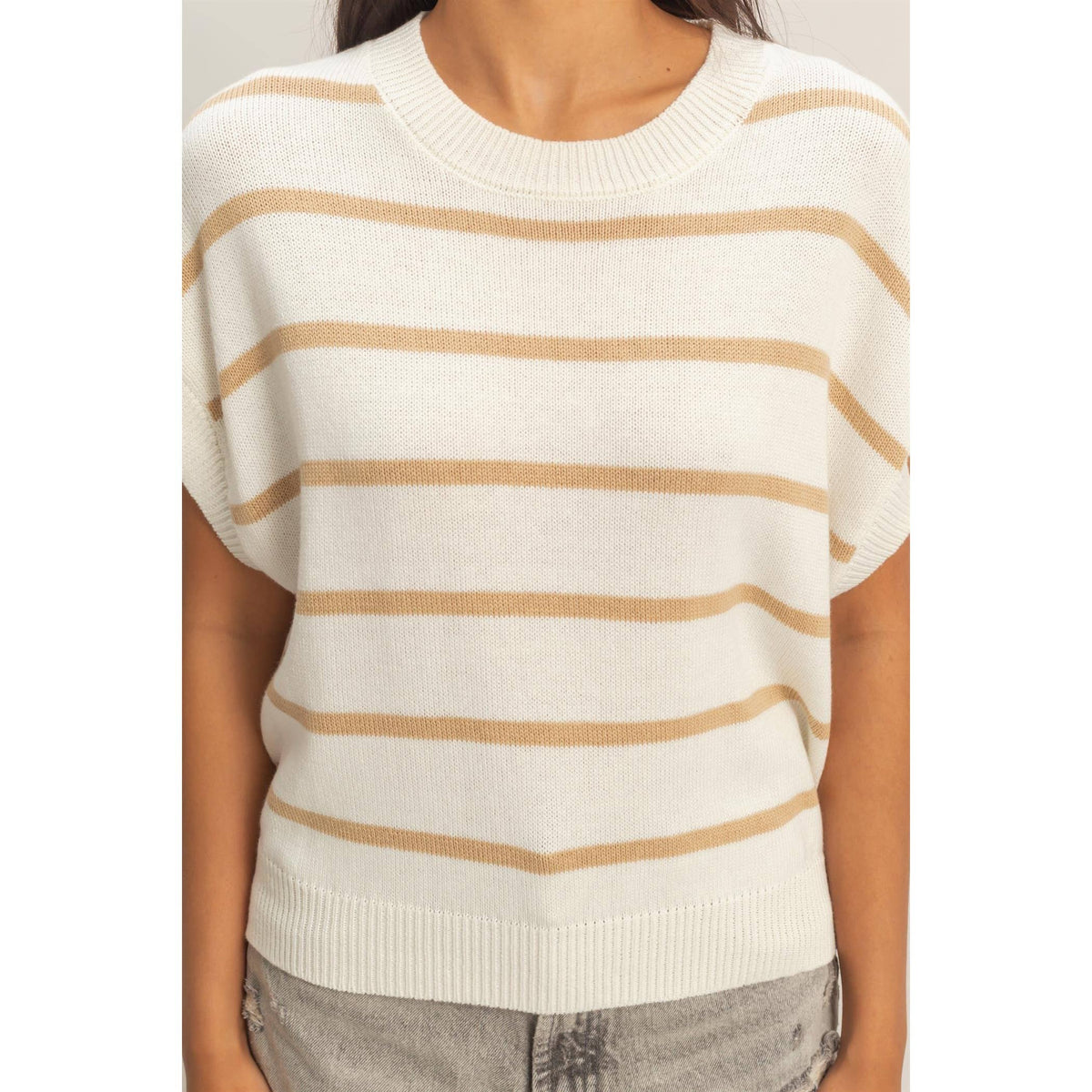 The Mariner Stripe Knit Top: White/Taupe