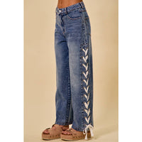 The Lacey Mid Rise Lace-Up Straight Leg Jeans: Medium Wash