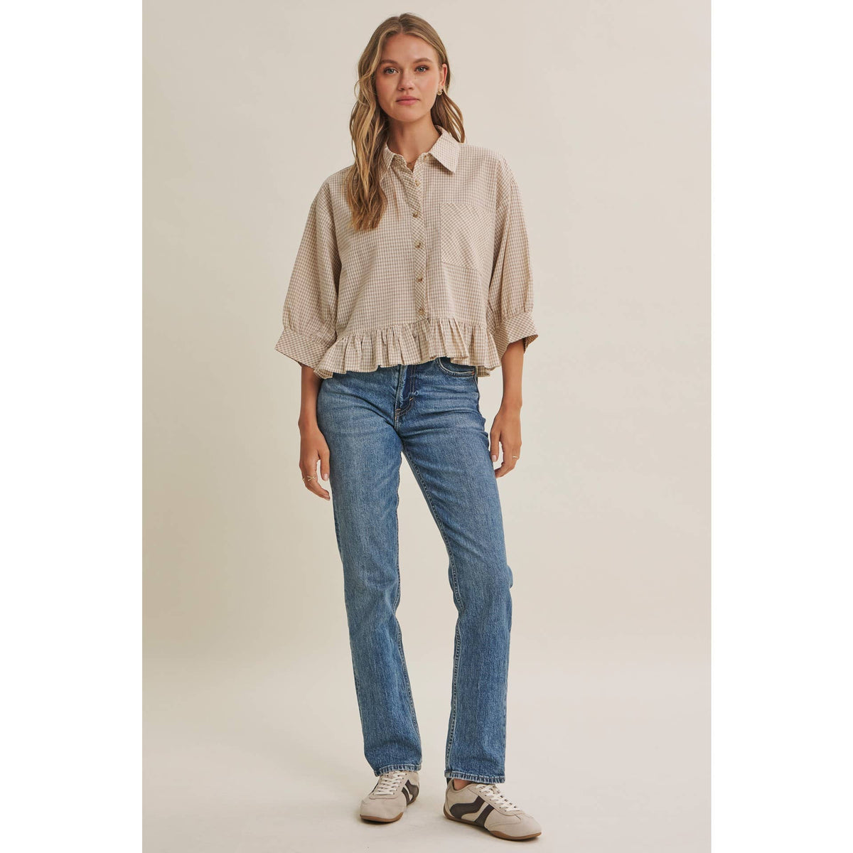 MORNING OAT MICRO CHECK RUFFLE HEM BUTTON-DOWN SHIRT: VANILLA / S