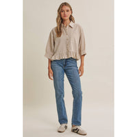 MORNING OAT MICRO CHECK RUFFLE HEM BUTTON-DOWN SHIRT: VANILLA / S