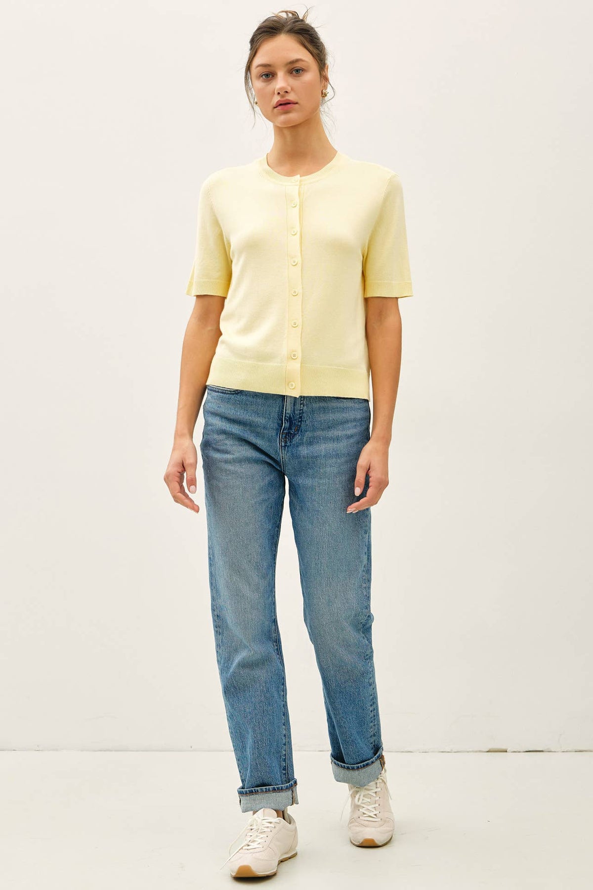 The Ellison Fine Gauge Knit Cardigan: Banana  – Soft Short Sleeve Button Front Sweater for Women