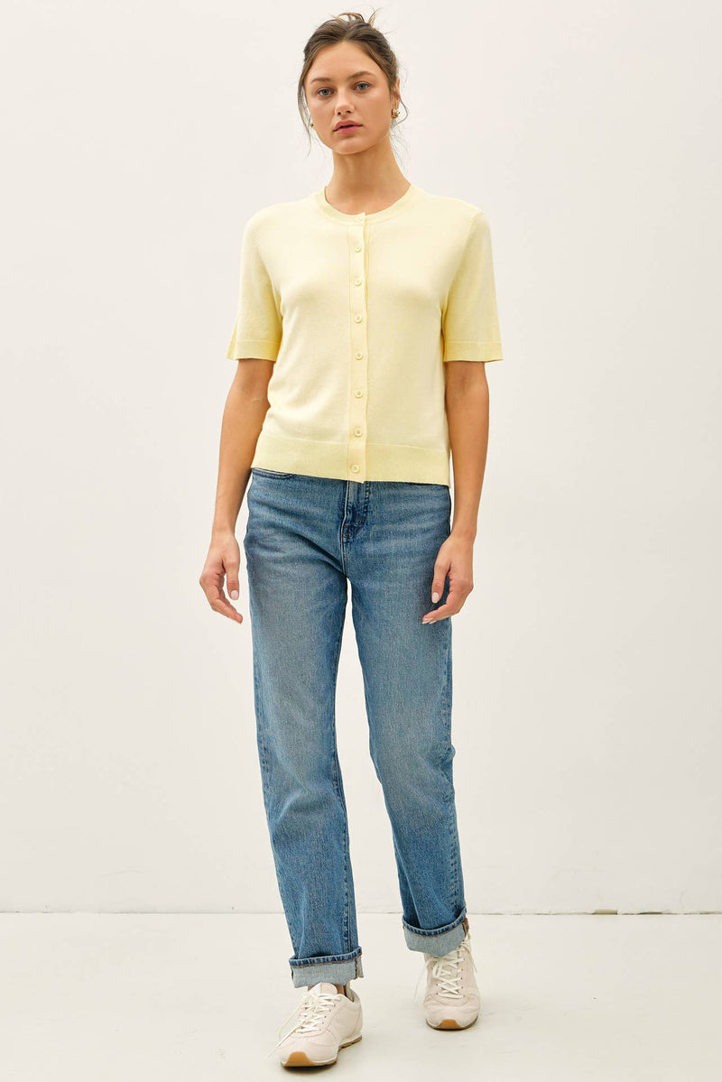 The Ellison Fine Gauge Knit Cardigan: Banana  – Soft Short Sleeve Button Front Sweater for Women