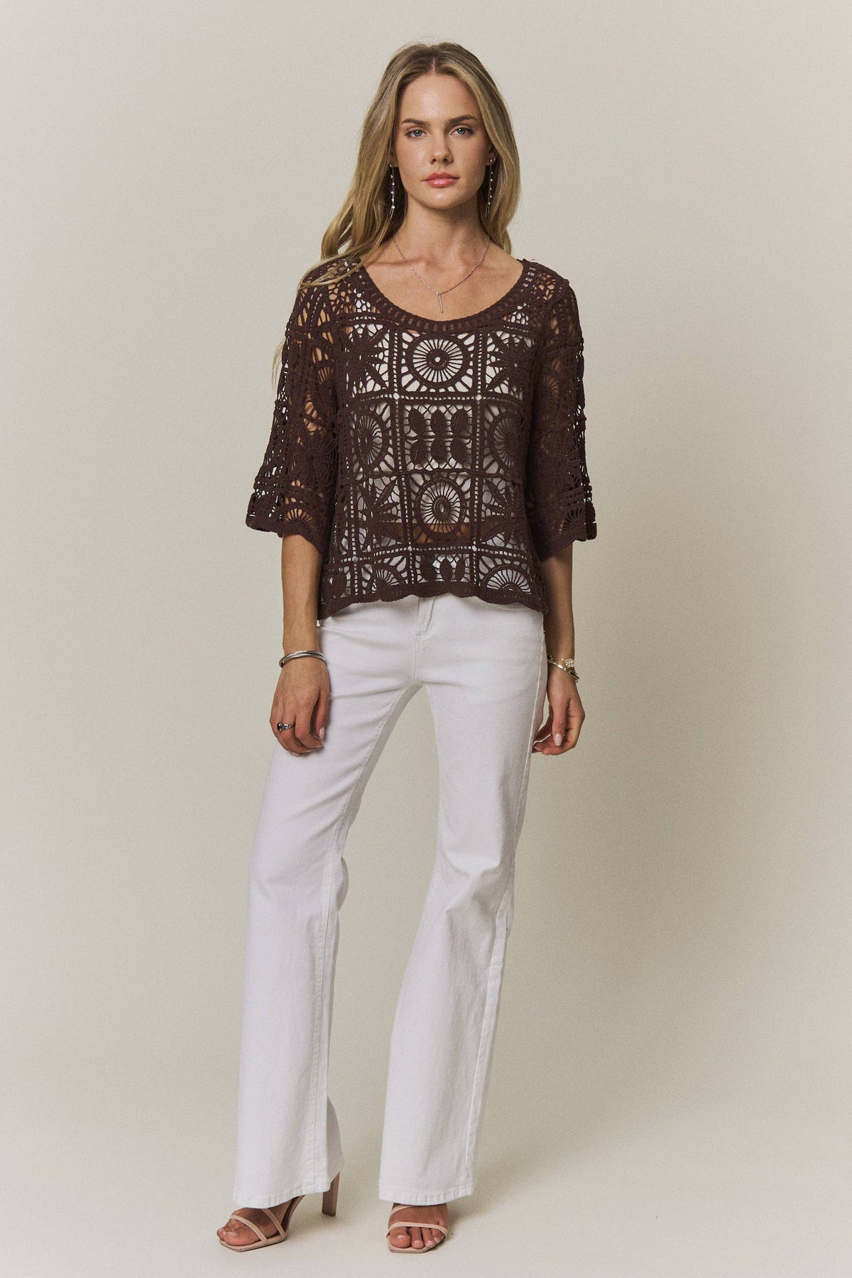 Bristol Crochet Boxy Knit Top: Chocolate Brown